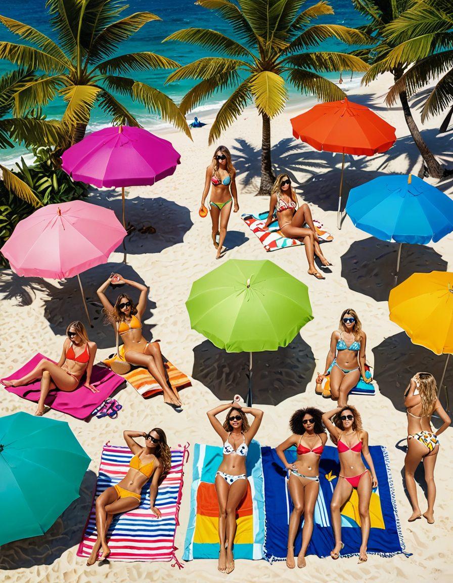 A sun-soaked beach scene with a diverse group of stylish women showcasing trendy bikinis and beachwear, surrounded by vibrant beach umbrellas, tropical palm trees, and colorful beach towels. The sea sparkles in the background with people enjoying beach activities. Fashion magazines and accessories like sunglasses and beach bags are placed artistically in the foreground. summer vibes, vibrant colors, super-realistic.