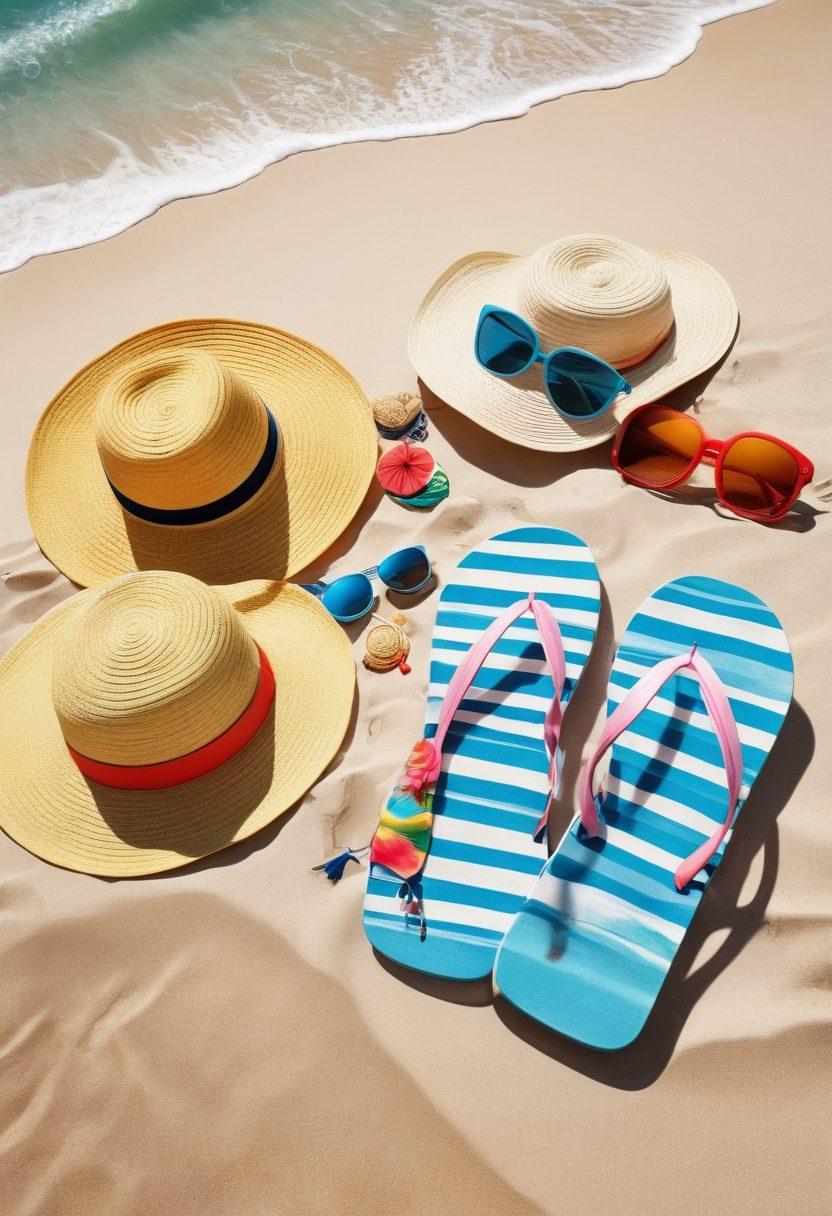 A stylish beach scene featuring colorful beachwear laid out on a sandy beach with a backdrop of bright blue ocean waves and a radiant sun. Include beach accessories like sun hats, sunglasses, and flip-flops artfully arranged, along with a pair of stylish beach chairs. Vibrant colors to capture the essence of summer and fun. super-realistic. vibrant colors. white background.