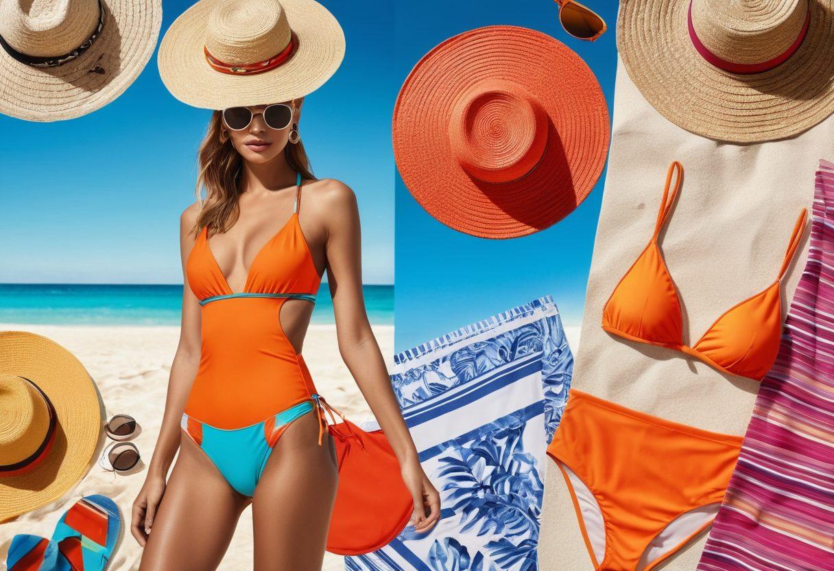 A collage of various stylish swimwear pieces including chic bikinis, elegant one-pieces, and trendy resort wear, set against a sunlit beach backdrop with vibrant beach accessories like hats, sunglasses, and beach towels. The image should evoke a feeling of summer joy and luxury. Colorful and inviting, capturing the essence of stylish beach fashion. vibrant colors. super-realistic.